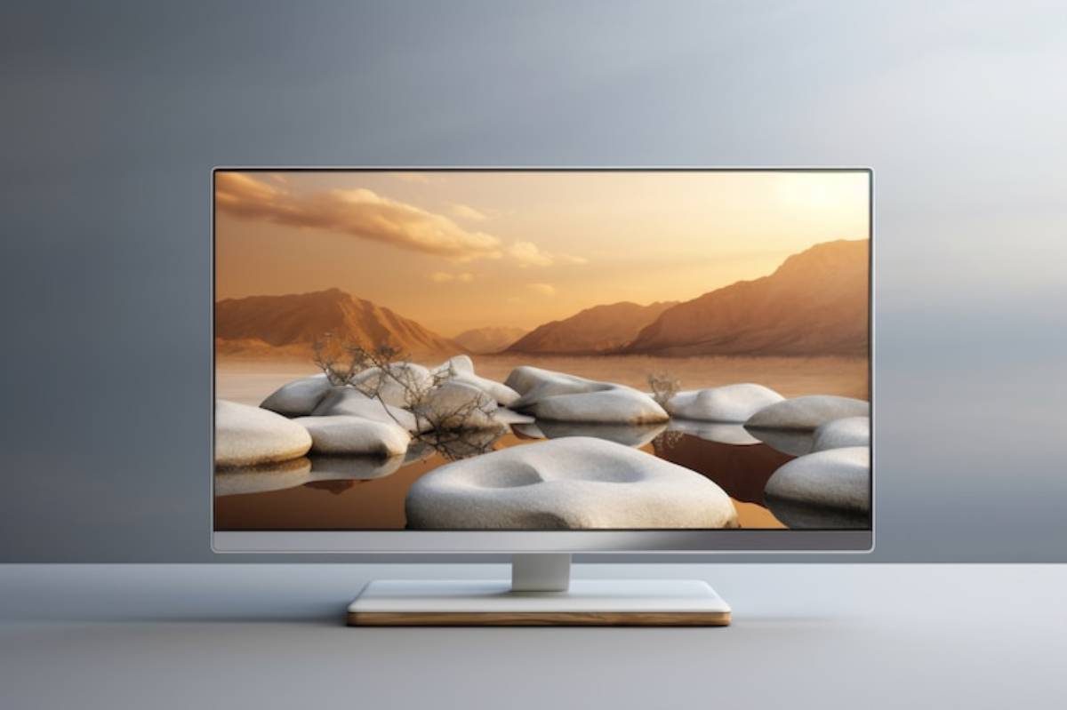 A sleek monitor displays a serene landscape with smooth rocks and a tranquil body of water, set against warm sunset hues.