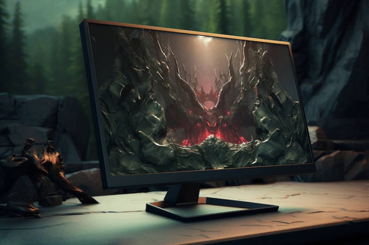 A sleek monitor displays a dark, cavernous scene with twisted rock formations and glowing red light, set against a misty forest backdrop.