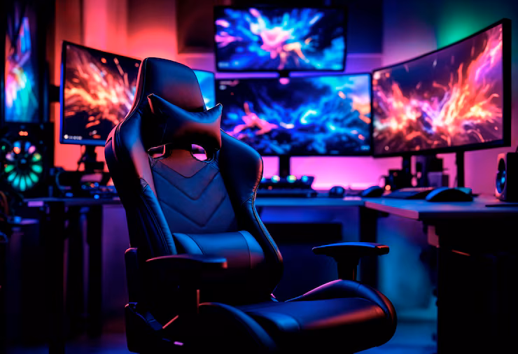 A gaming chair in a room featuring multiple monitors.