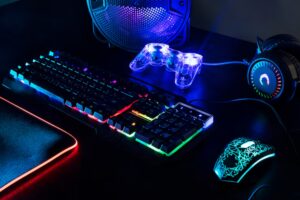 neon gaming keyboard setup controller