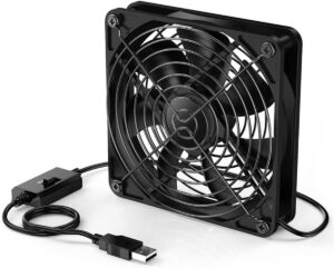 Black USB-powered fan with a square grill, featuring a simple on/off switch and a durable design for personal cooling.