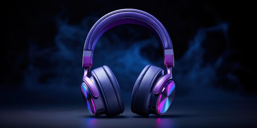 A pair of sleek, purple headphones with glowing accents, set against a dark, smoky background.