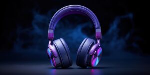 A pair of sleek, purple headphones with glowing accents, set against a dark, smoky background.