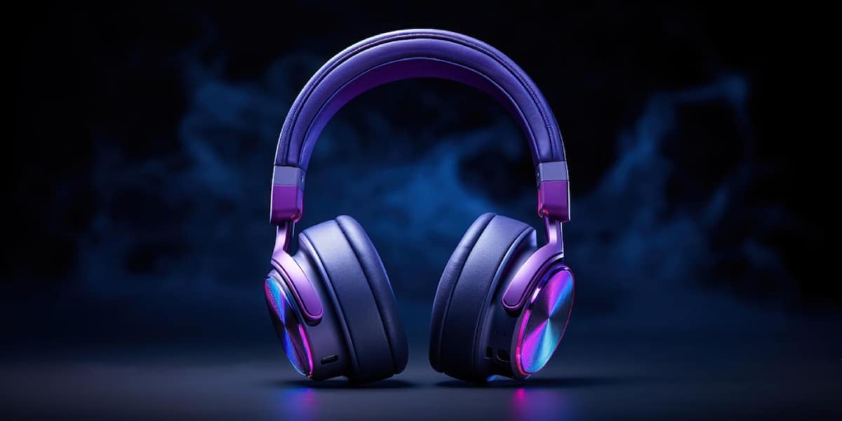 A pair of sleek, purple headphones with glowing accents, set against a dark, smoky background.