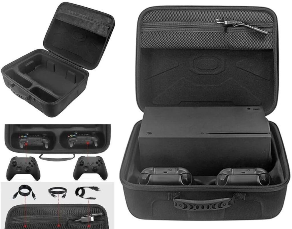 A black carrying case for an Xbox console featuring compartments for the console, two controllers, and cables, with a zippered pocket.