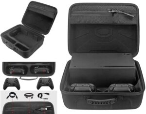 A black carrying case for an Xbox console featuring compartments for the console, two controllers, and cables, with a zippered pocket.