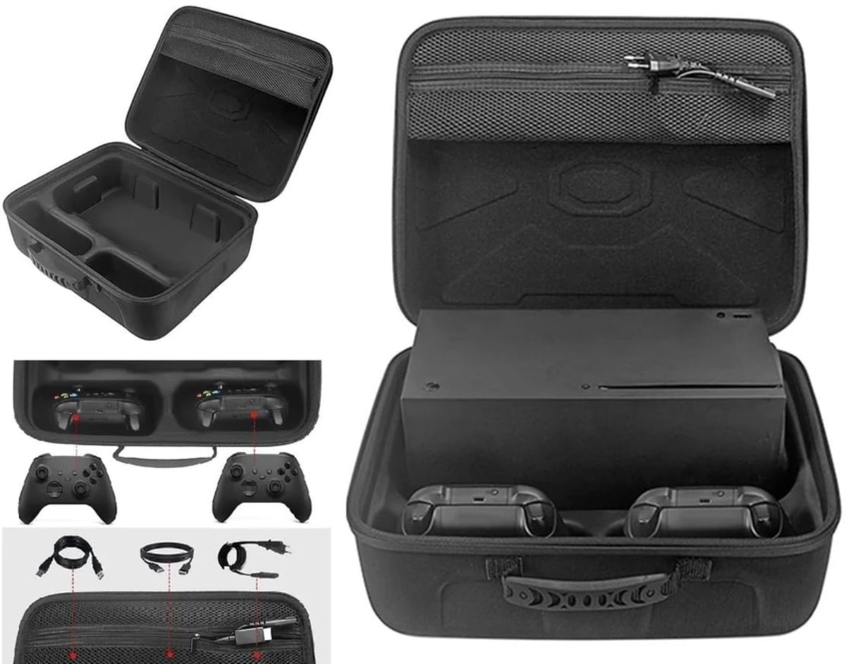 A black carrying case for an Xbox console featuring compartments for the console, two controllers, and cables, with a zippered pocket.
