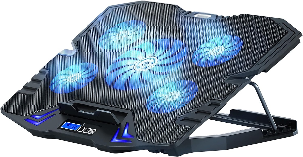 A black laptop cooling pad with five blue LED fans and adjustable height, designed to optimize airflow and enhance laptop performance.