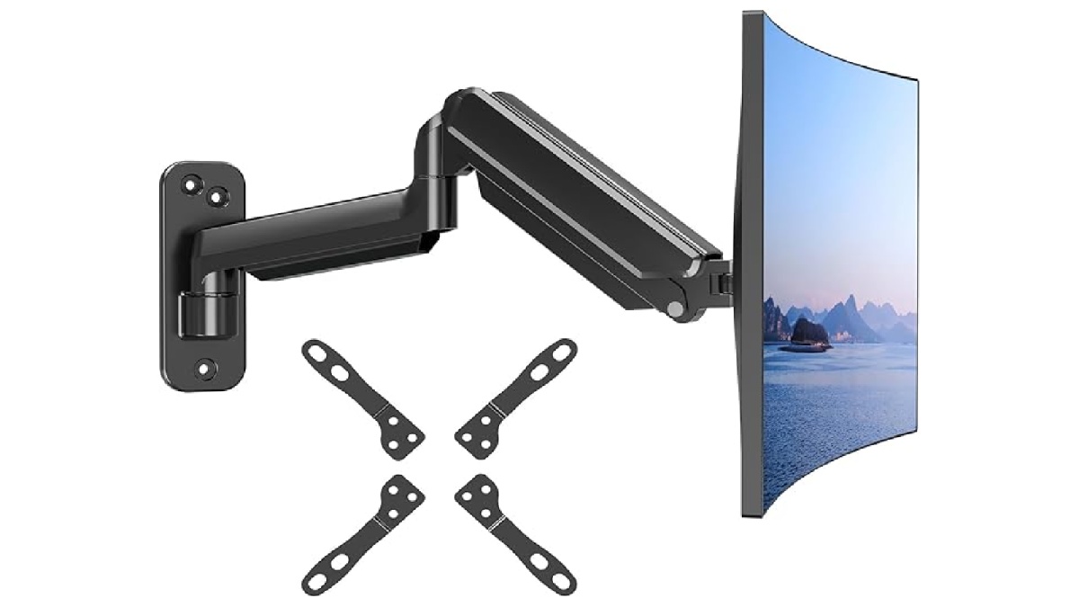 A black adjustable monitor mount with a curved screen and mounting brackets displayed alongside it, ideal for space-saving setups.