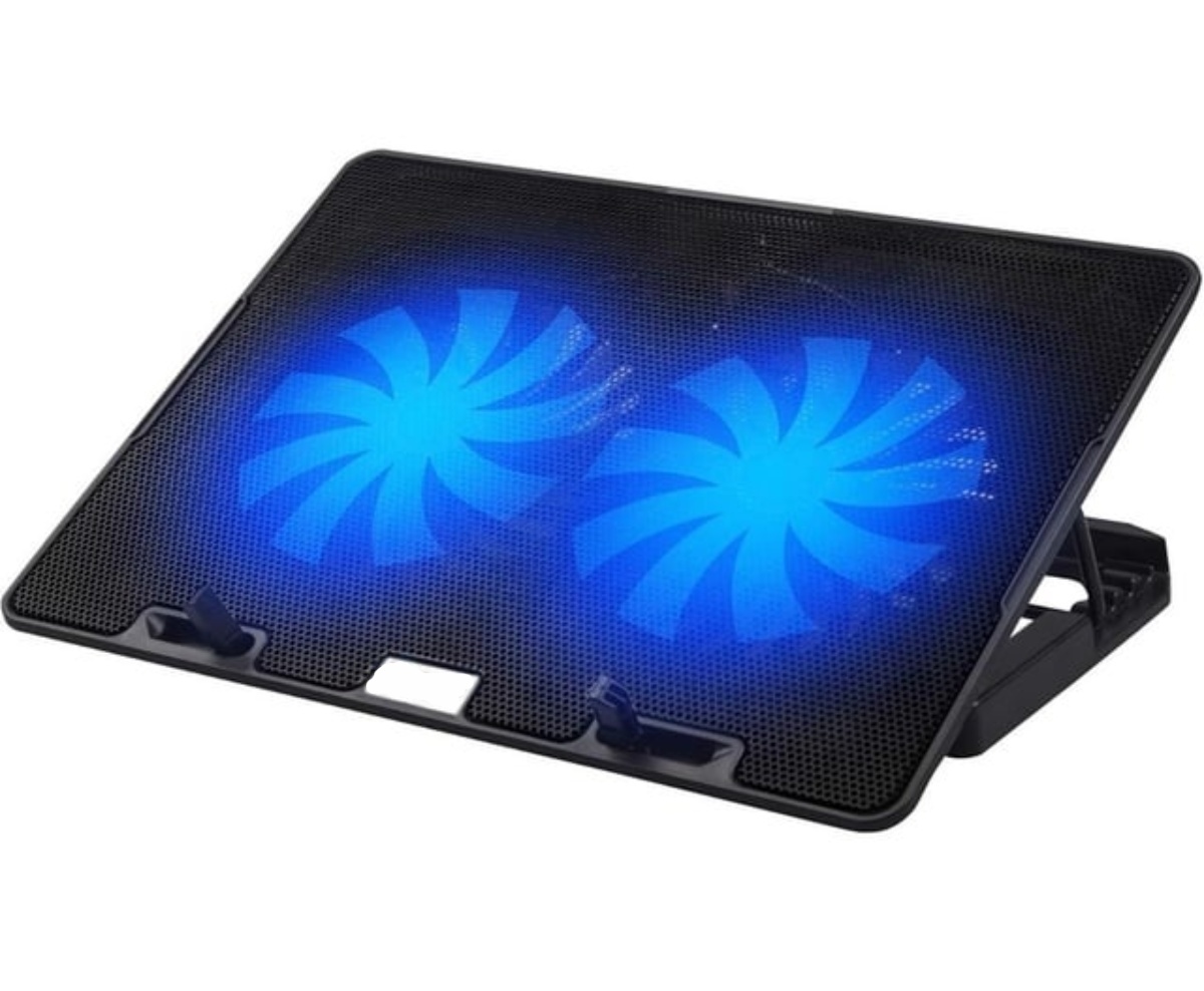 Black laptop cooling pad with two blue LED fans, designed for efficient heat dissipation and optimal airflow.
