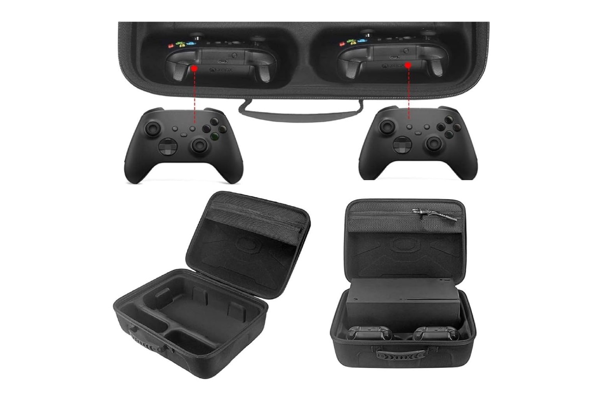 A black carrying case holding two Xbox controllers, with the case open to showcase compartments for additional gaming gear.