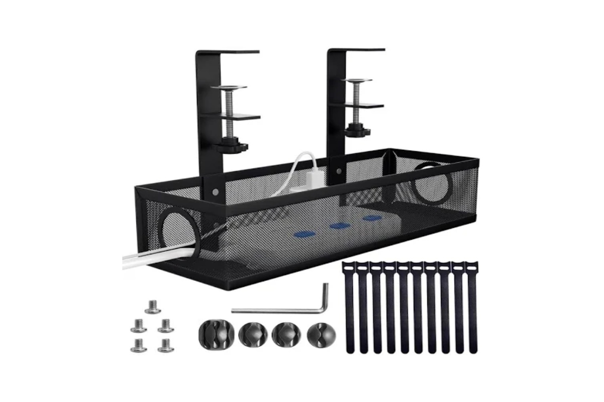 A black mesh desktop organizer with adjustable clamps, power strip, hardware, and cable ties for efficient workspace management.