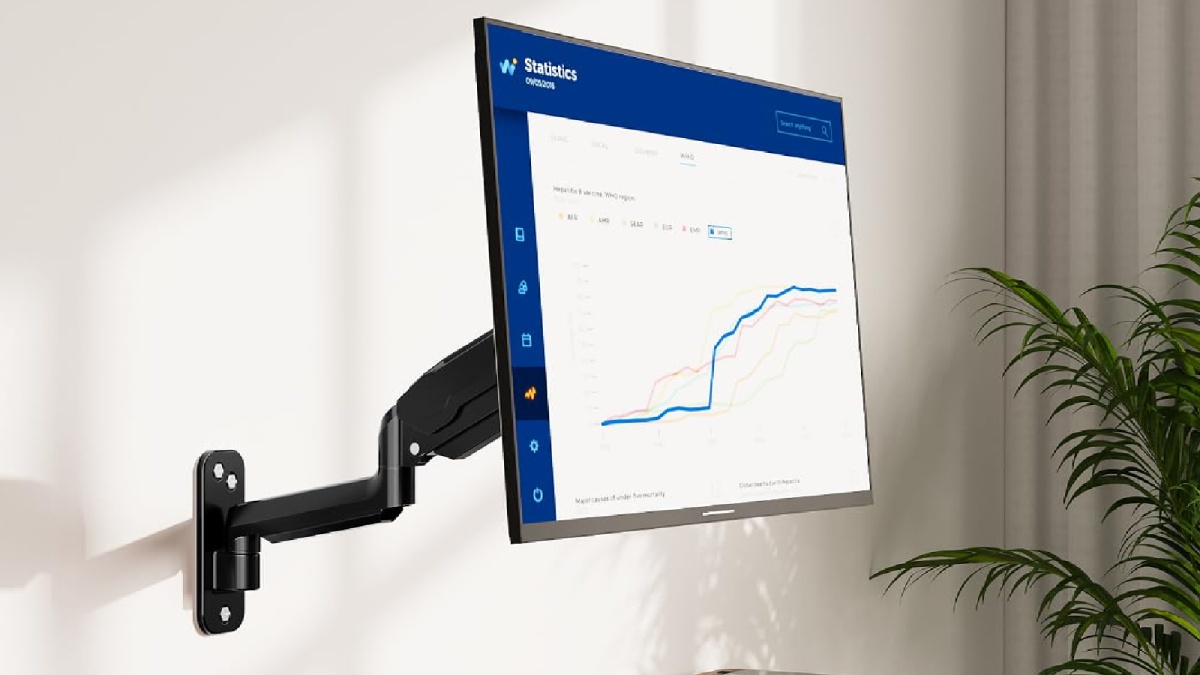 A wall-mounted monitor displays a statistics dashboard with line graphs, next to a green potted plant in a bright room.