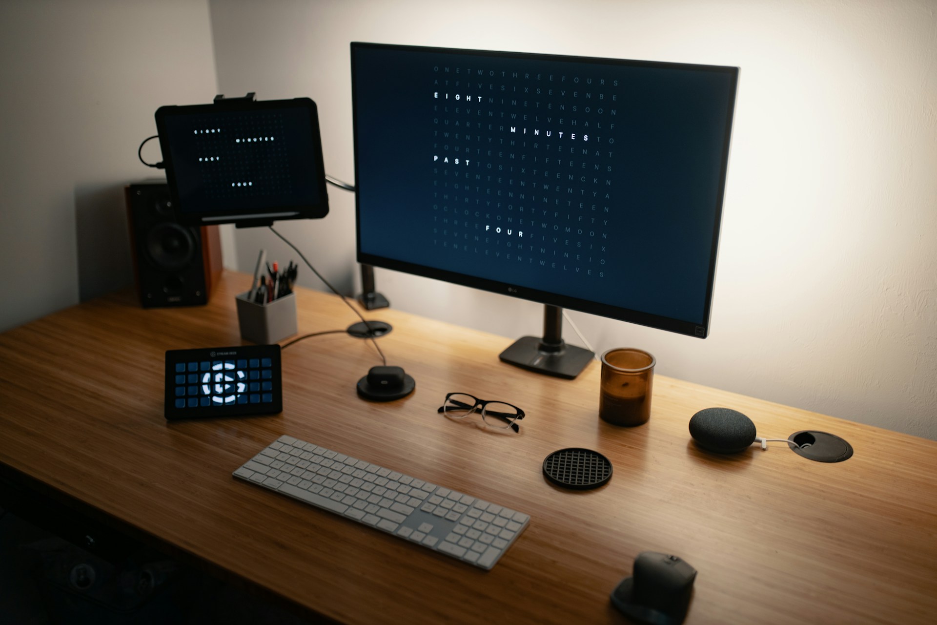 portable personal computer setup on a brown wooden table