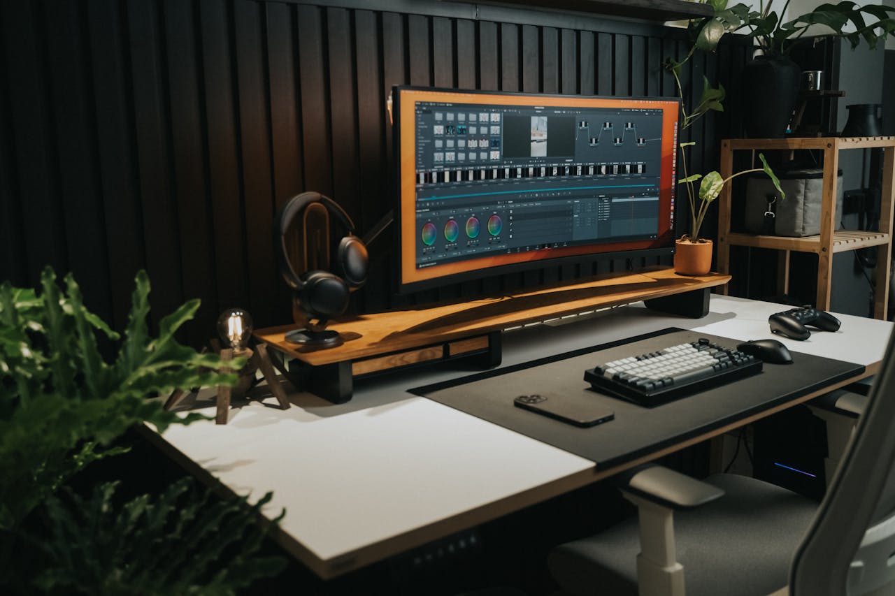 a music production setup with a wide screen monitor